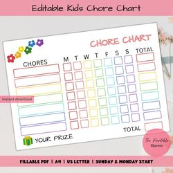 weekly kids chore chart editable, responsibility chart, reward chart, kids daily schedule, kids routine.