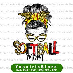 softball mom life png, leopard bandana messy bun png, fun mother's day png, mom bun hair sunglasses png