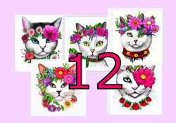 scrapbooking card set, pocket card - vintage cats with flowers -1