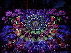 psychedelic art wall tapestry home decor 'cosmic monks gathering' glow uv trippy poster visual art blacklight backdrop