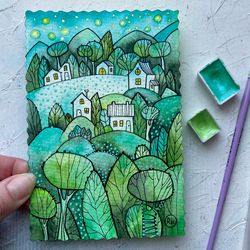 green forest painting miniature original art small watercolor art by rubinova