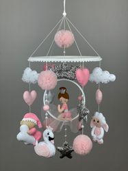 princess baby mobile crib. pink princess with animals mobile nursery crib.baby mobile for girl.