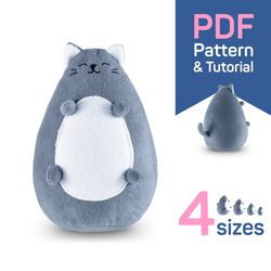 cat sewing pattern pdf: fat cat plush sewing pattern & tutorial, cute kawaii kitten, cat softie diy, instant download