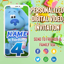 blue's clues & you video invitation, blues clues birthday party, blue's clues animated invitation, custom video, digital