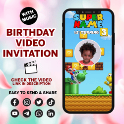 super mario invitation, super mario birthday video invitation, super mario birthday invitation, luigi, digital invite