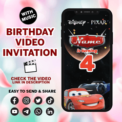 cars birthday invitation, cars video invitation, cars invitation, lightning mcqueen invitation, hot wheels birthday