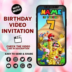 super mario video invitation, super mario digital invite, birthday, party, fun,, video invite, mario, luigi, peach