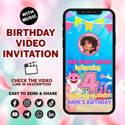 animated baby shark birthday invitation, girl baby shark invitation video, cute baby shark video invitation, blue baby