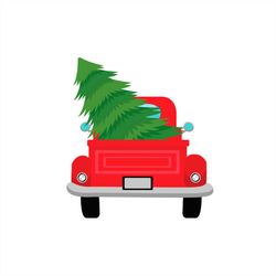 christmas red truck carrying a christmas tree svg png