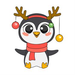 cute baby penguin wearing reindeer horn svg png