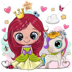 cute cartoon princess and unicorn png, clipart, sublimation design, children printable, illustration