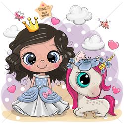 cute cartoon princess and unicorn png, clipart, sublimation design, children printable, illustration