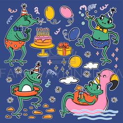 kids birthday clipart cute frogs resting outdoors vector set