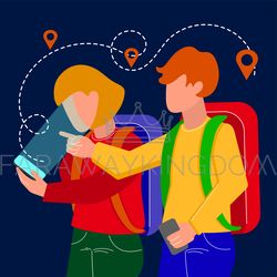 traveling people characters with mobile map in flat style