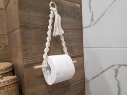 toilet paper holder storage and organization macrame wall hanging bathroom or kitchen decor