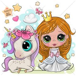 cute cartoon princess and unicorn png, clipart, sublimation design, children printable, illustration