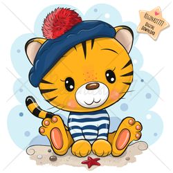 cute cartoon tiger png, clipart, beach, sublimation design, cool, print, clip art, big eyes