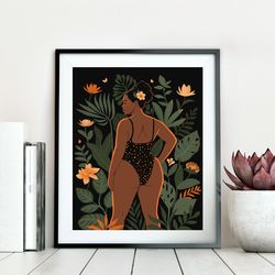 black curvy woman in tropics, tropical leaves and flowers printable poster, melanin art, african american art, digital