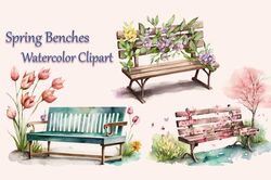 spring benches watercolor clipart