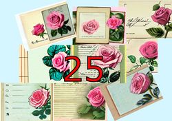 scrapbooking card set, pocket card - vintage roses, flowers, tag-7