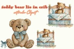 teddy bear lie in crib watercolor clipart