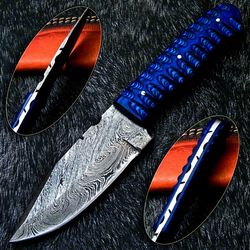 full tang skinning hunting knife, hand made damascus steel with leather cover