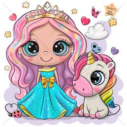 cute cartoon princess and unicorn png, clipart, sublimation design, children printable, illustration