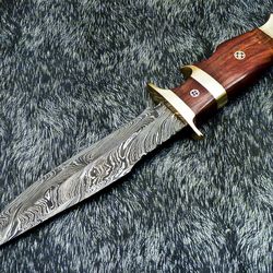 hand forged damascus full tang bowie hunting knife with leather cover