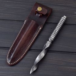 custom handmade full tang damascus dagger knife, toothpick dagger klnife, hand craft knife with leather sheath