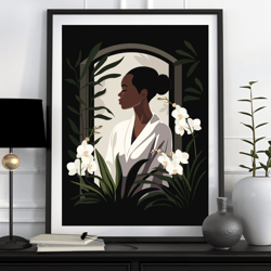 black girl with white orchids, bathroom art, tropical leaves and flowers printable poster, melanin art, black woman art,