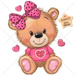 cute cartoon teddy bear png, girl, clipart, sublimation design, children printable, heart, bow, art