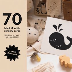 70 black and white baby cards, printable montessori cards, sensory cards, infant stimulation cards, newborn flashcards,