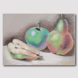 green pears and apple original pastel painting one-of-a-kind still life wall art painting dining room wall decor kitchen