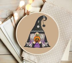 gnome wizard cross stitch pattern, cross stitch halloween gnome, pumpkin cross stitch, spider cross stitch, digital pdf