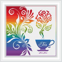 cross stitch pattern kitchen cup tea aroma rose rainbow floral ornament panel drink counted crossstitch patterns pdf