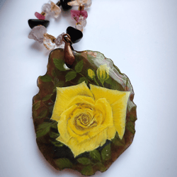 pendant "roses" lacquer miniature. painting on natural agate.
