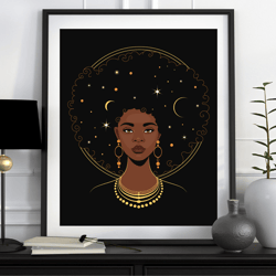 black woman with stars art, printable poster, black girl art, black woman with stars in her hair, boho wall art, digital