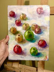 apples on a white table oil painting on board wall art 8*11 inch