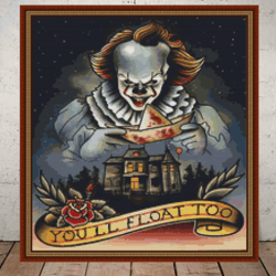 clown cross stitch pattern pdf, horror cross stirch pattern, gothic cross stitch pattern