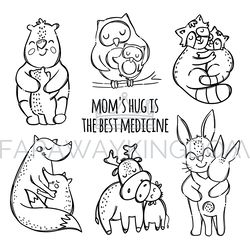 moms huge their children monochrome vector illustration set