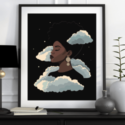 black woman with head in the clouds art, printable poster, black woman art, black girl art, boho wall art, digital