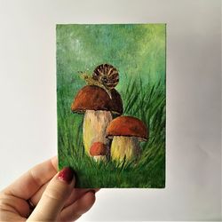 mushroom painting snail art - acrylic wall decor