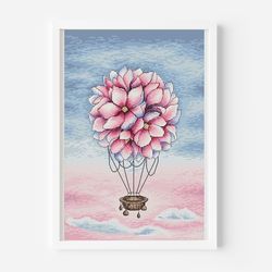 flower balloon cross stitch pattern pdf, hot air balloon counted cross stitch, flowers hand embroidery tapesrty cute pdf