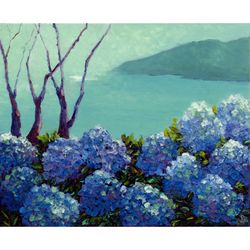 hydrangea painting landscape original art impressionist art lake painting impasto artwork 20"x16" by kseniadeartgallery