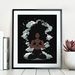 black woman meditating on the clouds art, printable poster, black woman art, black girl art, boho wall art, yoga art