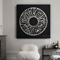 black and silver abstract original painting | textured artwork with round silver texture modern wall art