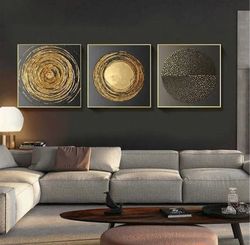 set of 3 painting gold leaf abstract, modern acrylic painting on canvas, large gold leaf abstract painting