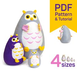 owl sewing pattern: plush fat owl toy pattern pdf & tutorial - cute stuffed animal pattern instant download, owl diy