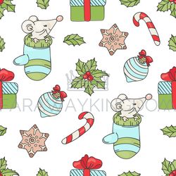 mouse gift christmas seamless pattern vector illustration