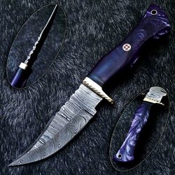 hand forged damascus full tang bowie hunting knife blade with leather sheath